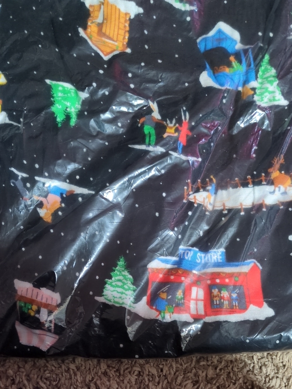 Old Navy Black Holiday Village Gift Wrap with Colorful Scenes